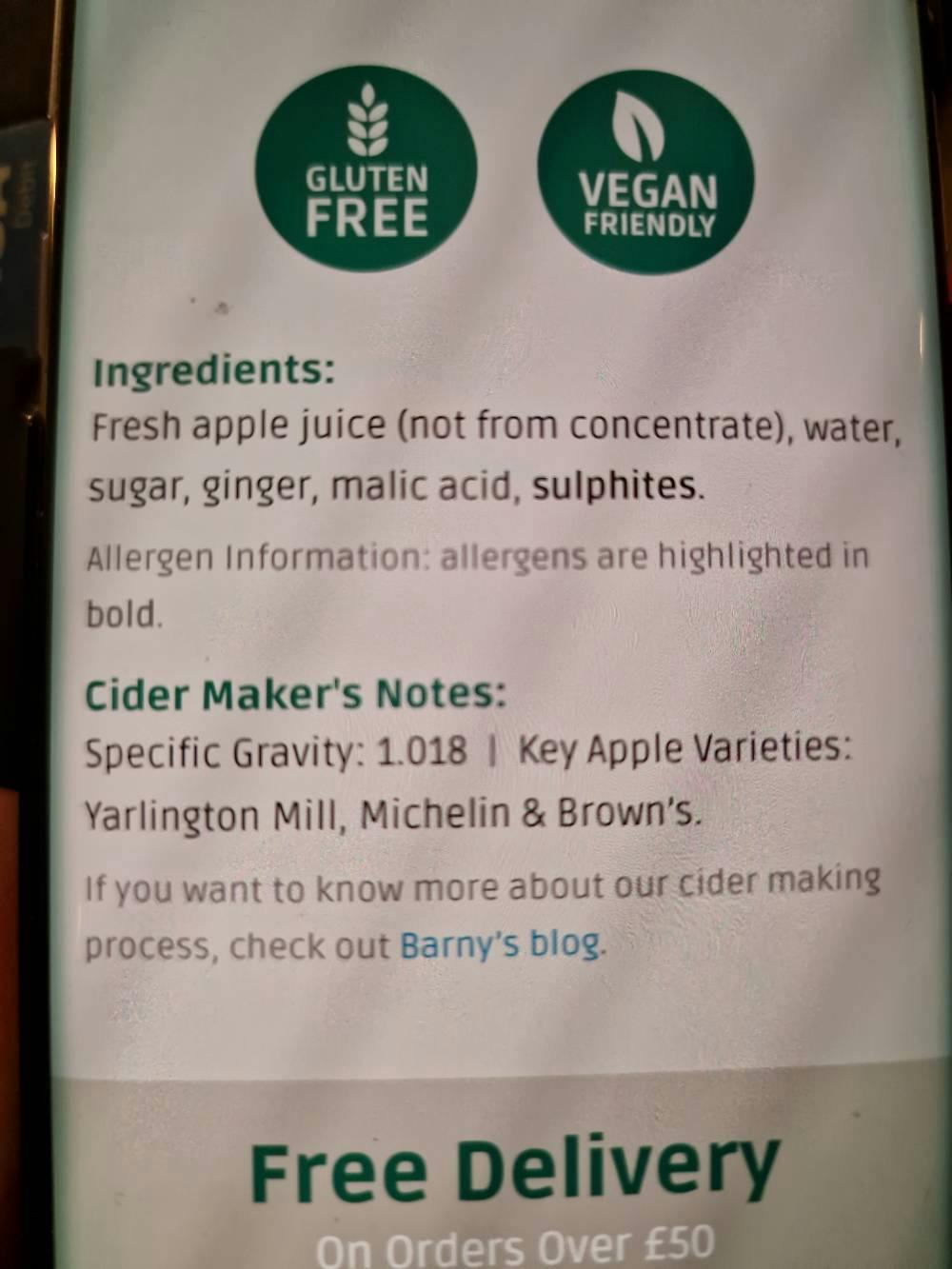 Ingrediensliste - Ginger cider, Sandford Orchards