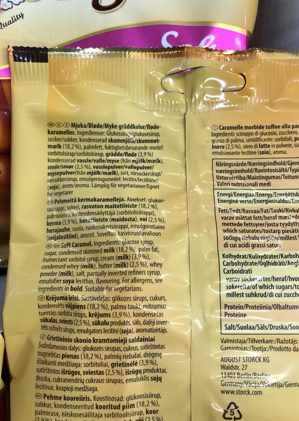 Ingredienslisten til Werther`s original soft caramel, Werther