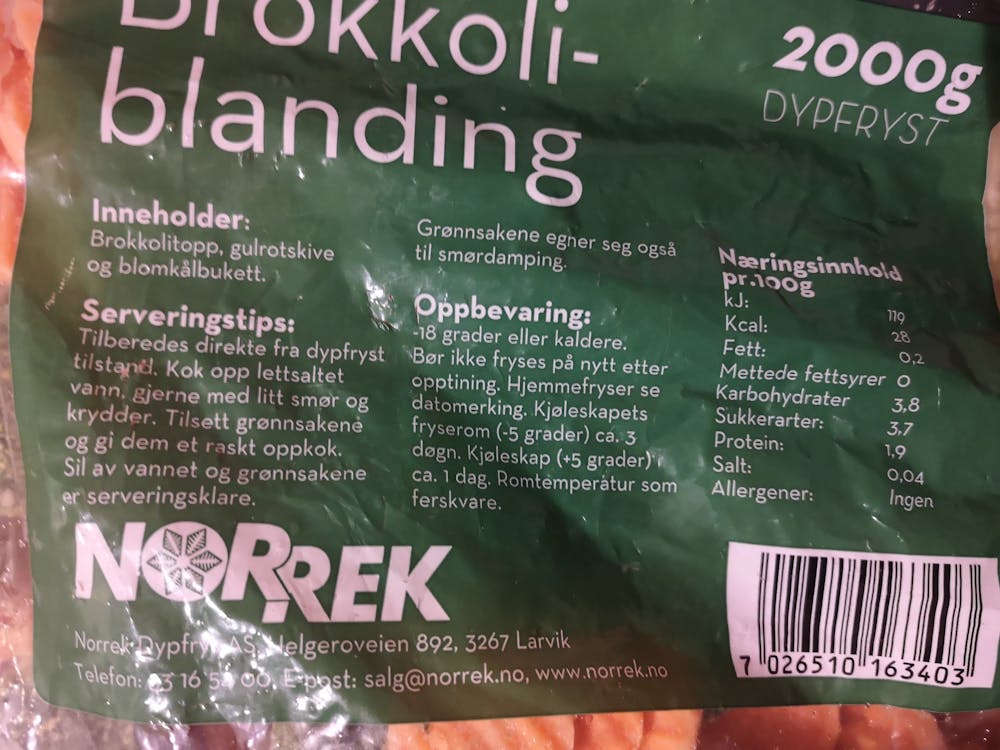 Ingredienslisten til Norrek Brokkoliblanding