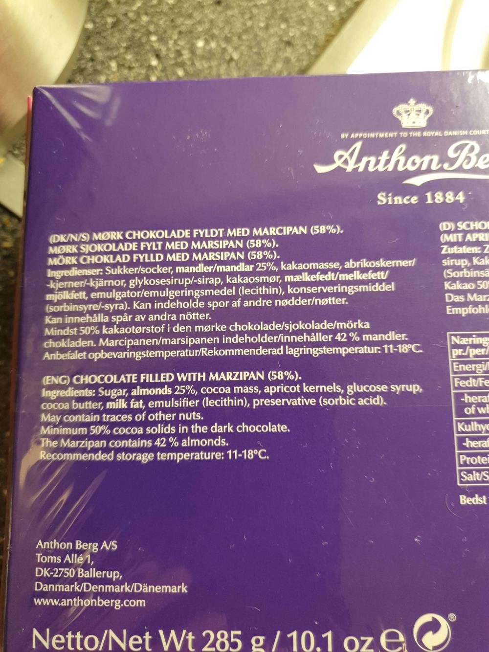 Ingredienslisten til Anthon Berg Mini marcipanbrød