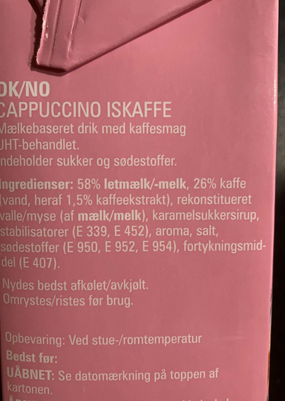 Ingredienslisten til Cappuccino iskaffe, Geia Food
