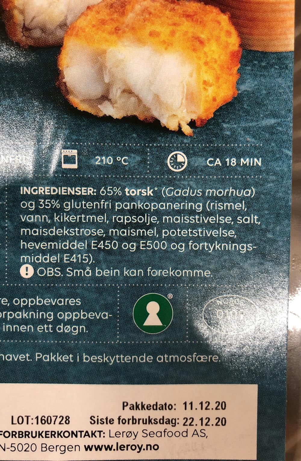 Ingredienslisten til Lerøy Nuggets av torsk