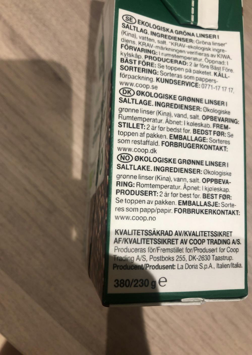 Ingredienslisten til Grønne linser , Coop