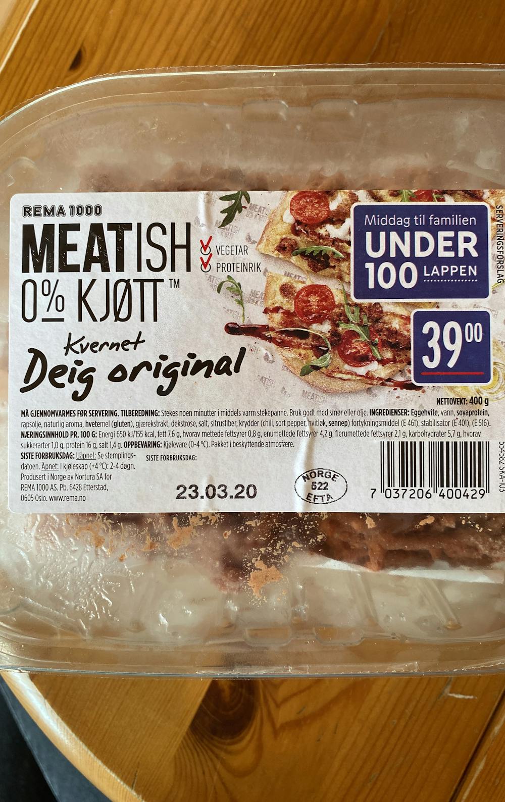 Ingrediensliste - Meatish 0% kjøtt, kvernet deig, Rema 1000