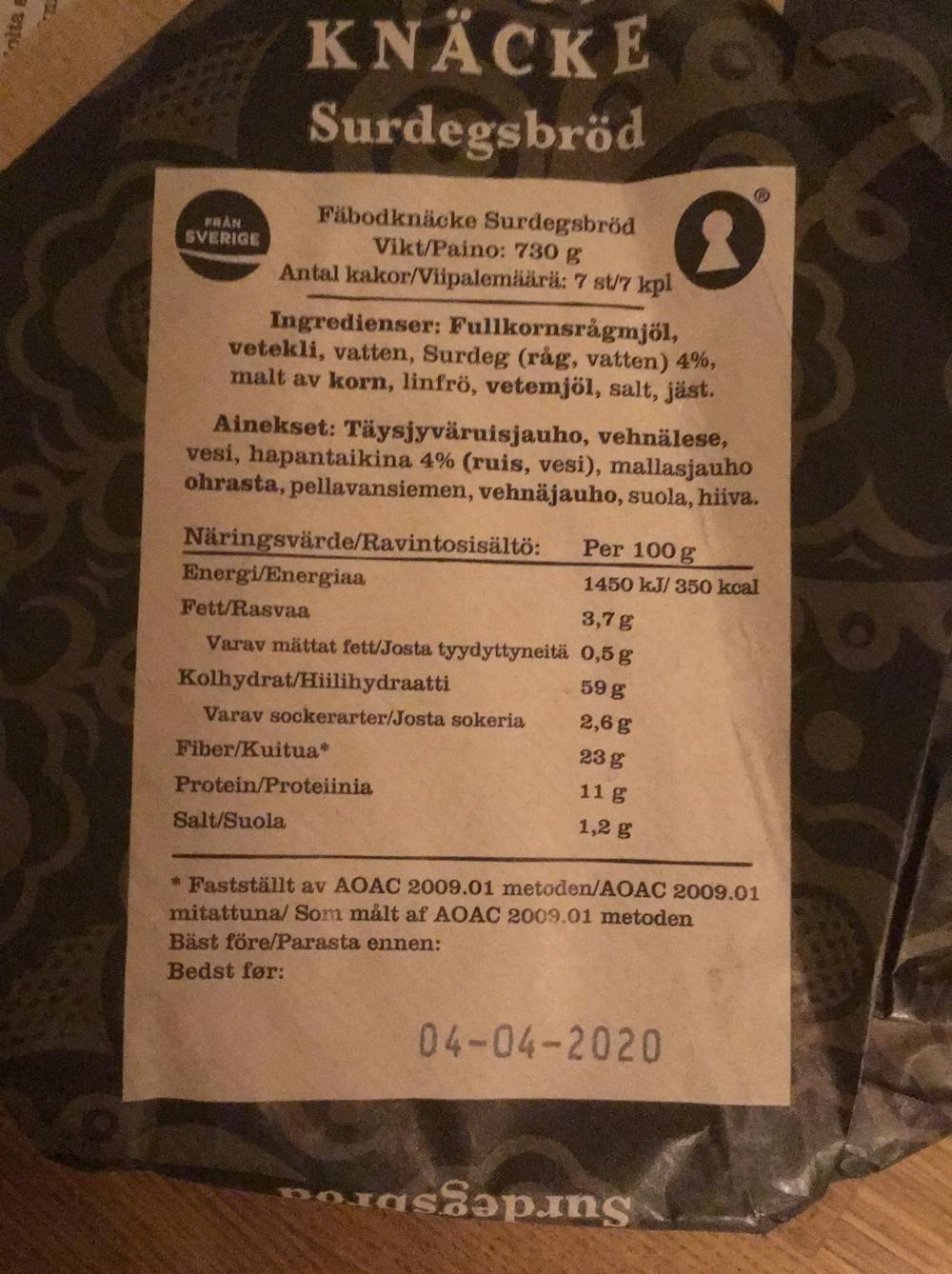 Ingredienslisten til Leksands Fäbodknäcke surdegsbröd