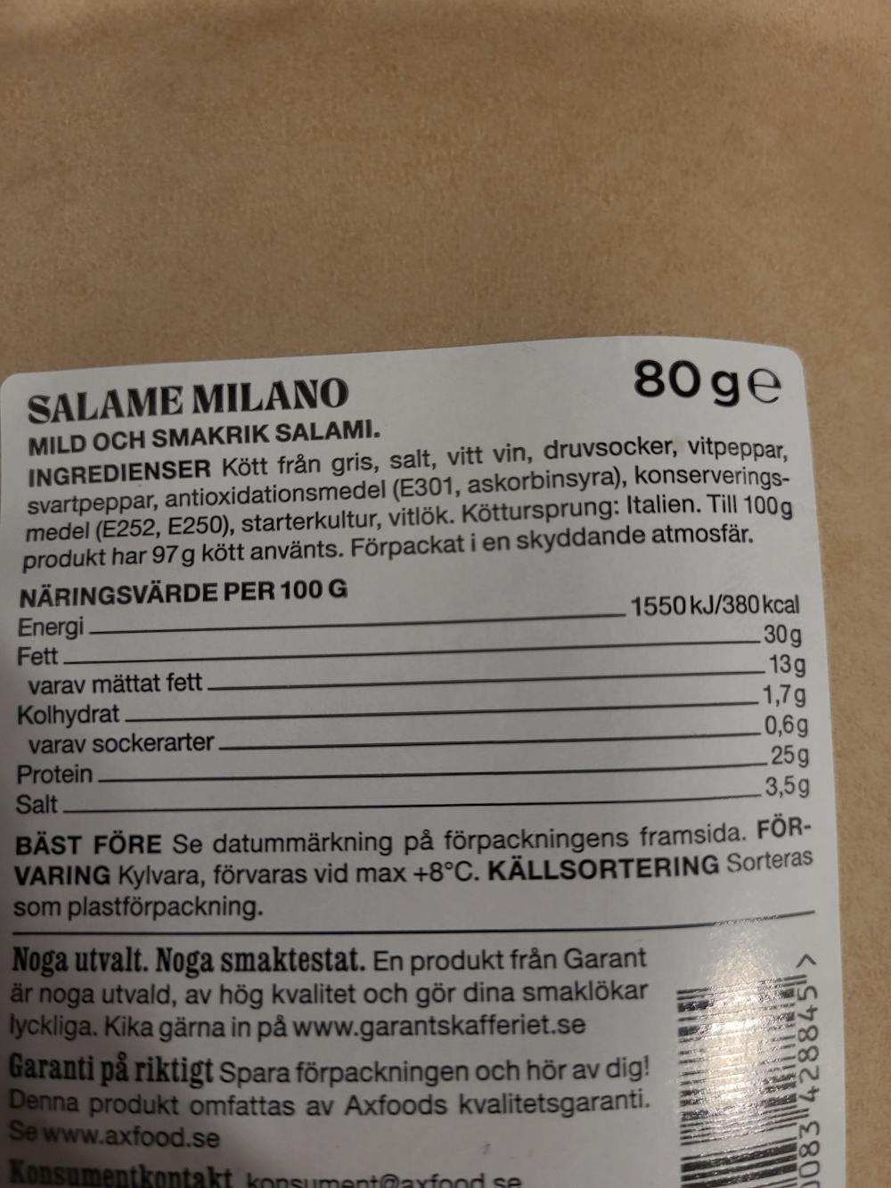 Ingrediensliste - Salami, Garant