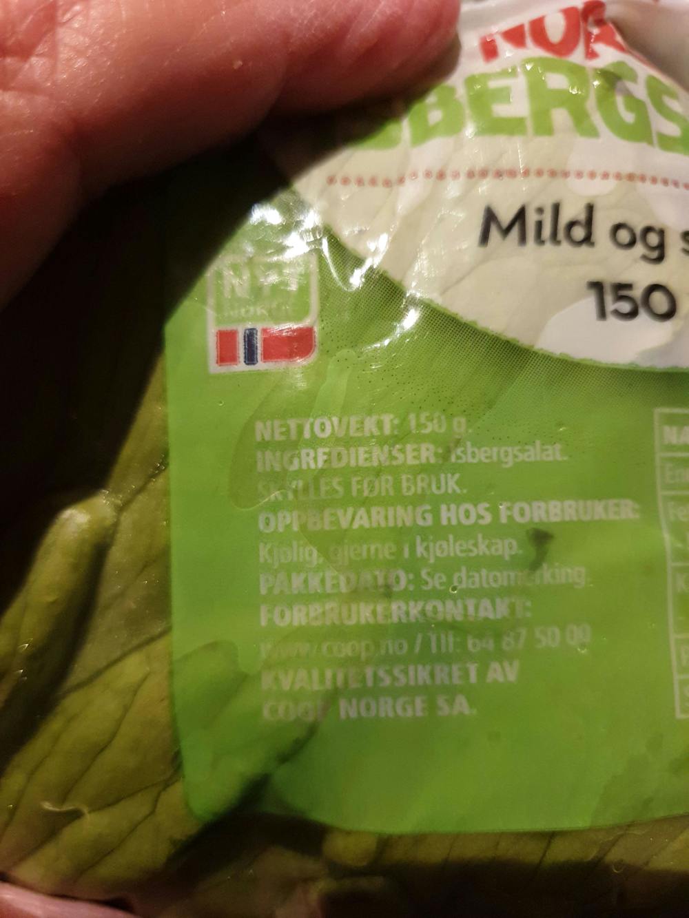 Ingredienslisten til Norsk isbergsalat, Coop
