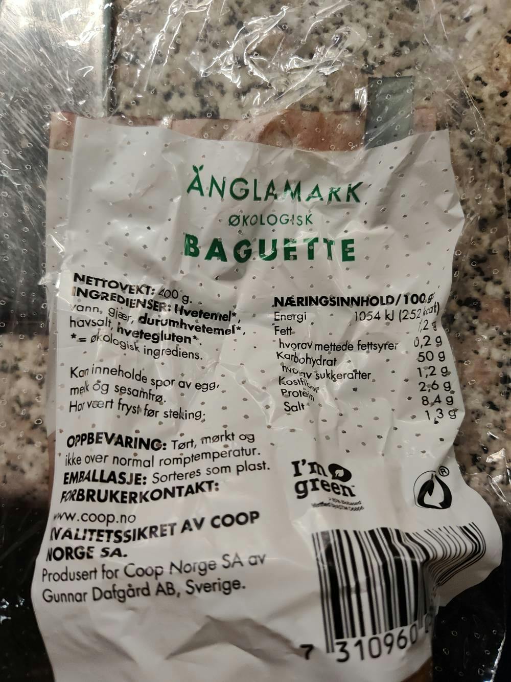 Ingredienslisten til Änglamark Økologisk Baguette, Coop