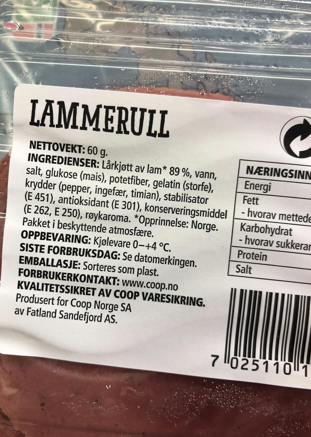 Ingredienslisten til Coop Lammerull