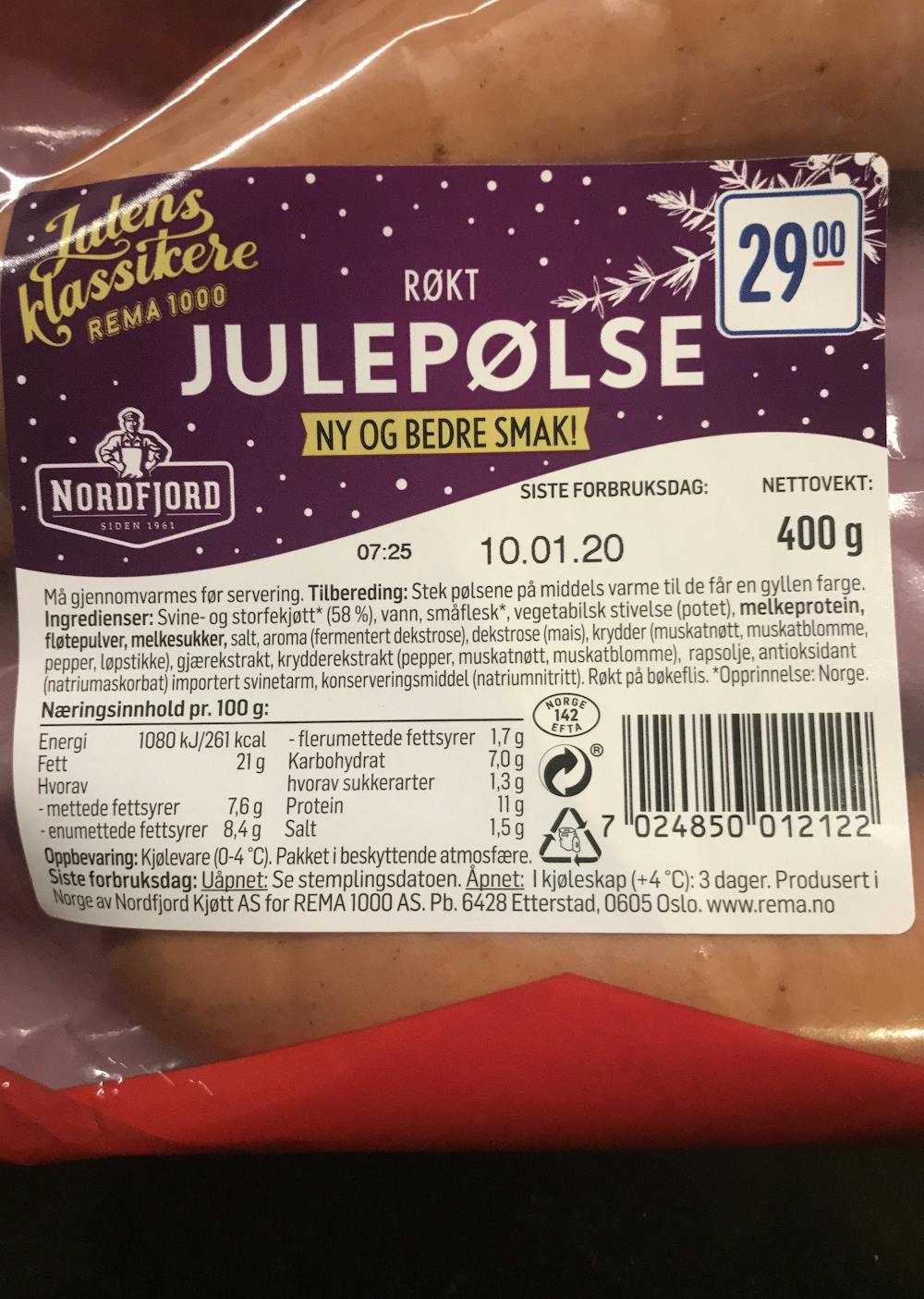 Ingredienslisten til Nordfjord Julepølse, røkt