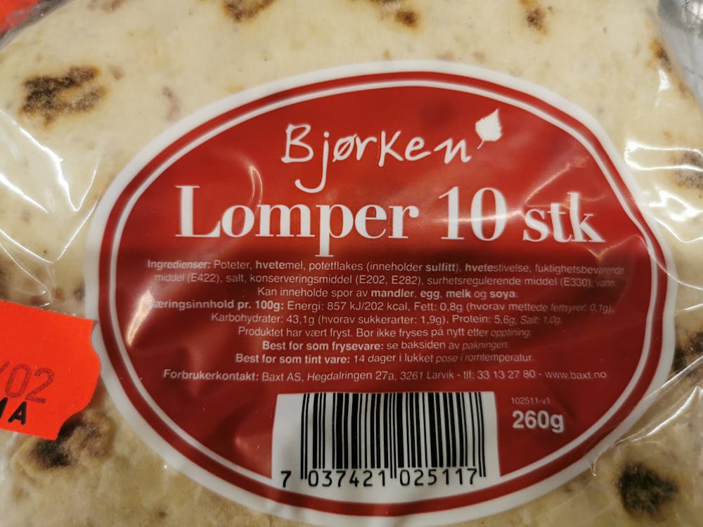 Ingredienslisten til Lomper 10stk, Bjørken
