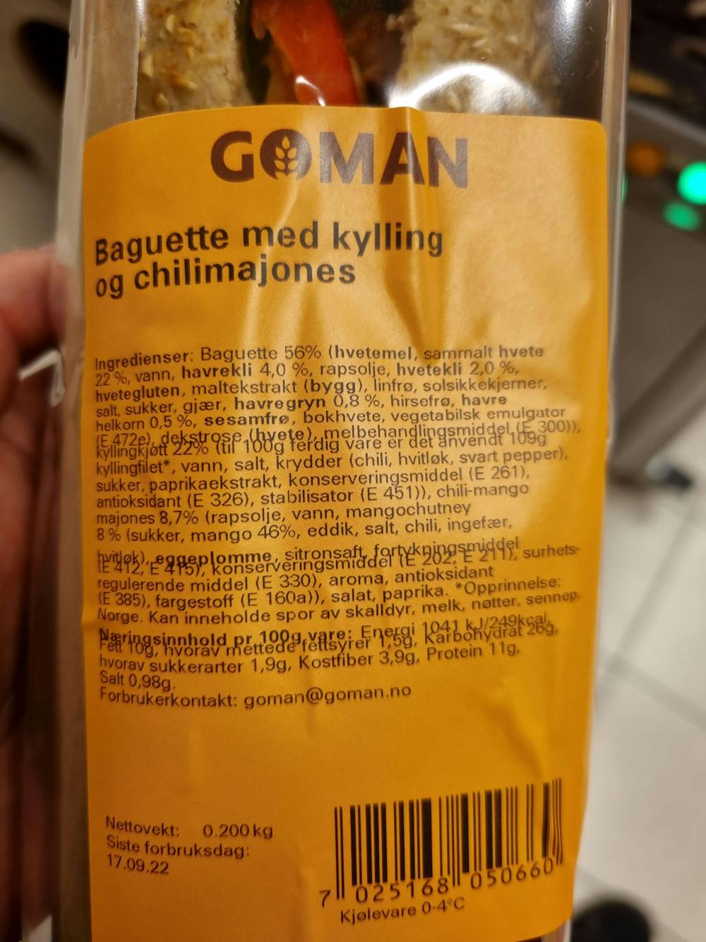 Ingredienslisten til Baguette med kylling og chilimajones, Goman