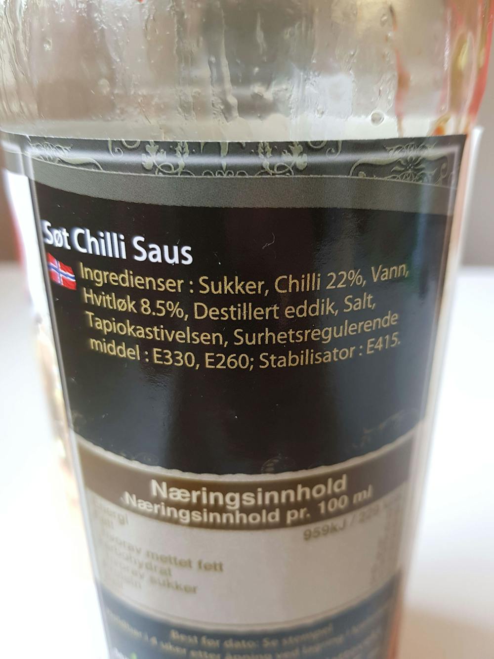 Ingredienslisten til Exotic food Søt chili saus