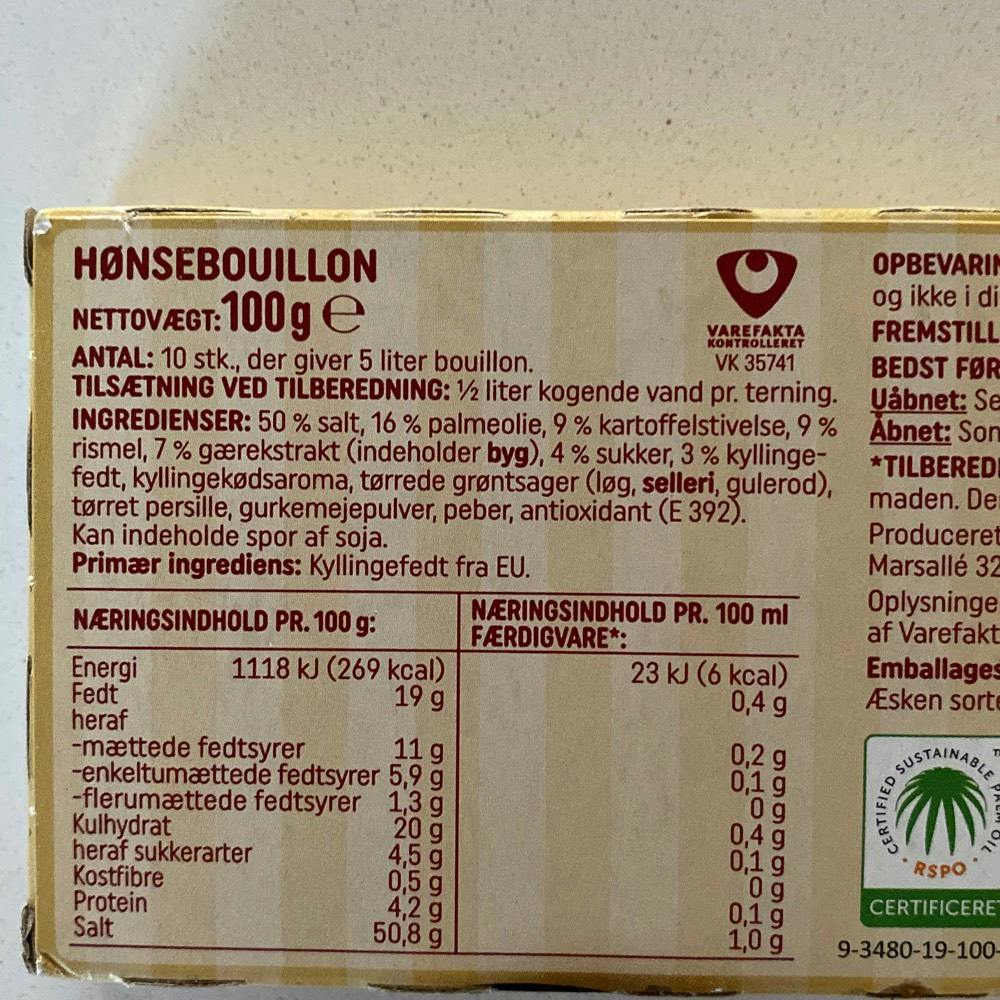 Ingrediensliste - Hønsebouillon, Rema 1000
