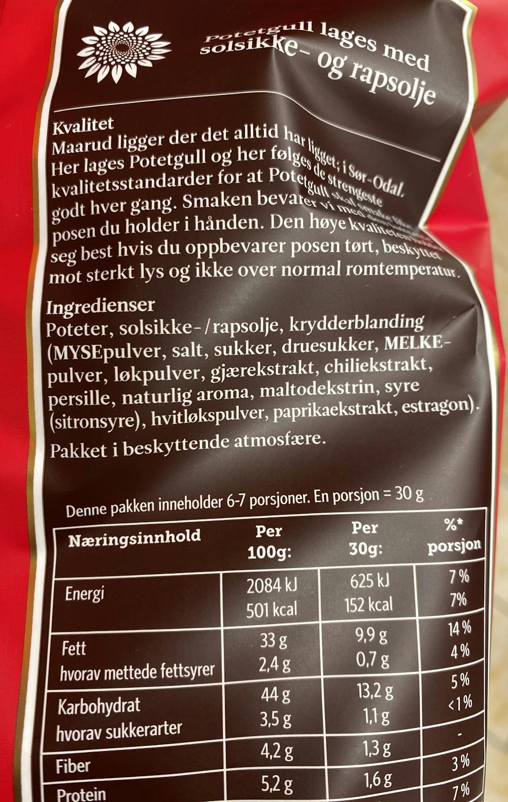 Ingrediensliste - Potetgull med smak av chili bernaise, Maarud