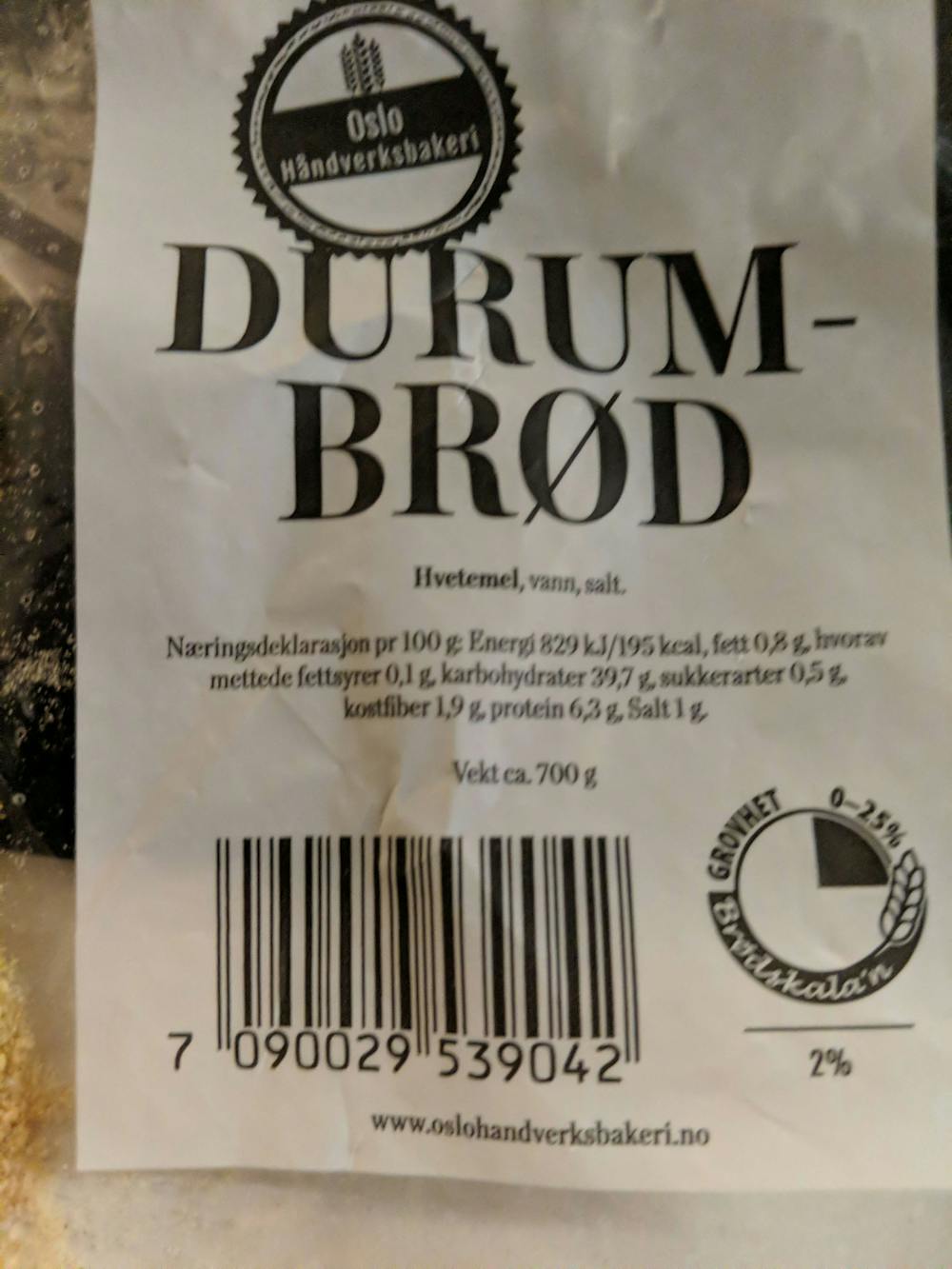 Ingredienslisten til Durumbrød, Oslo håndverksbakeri