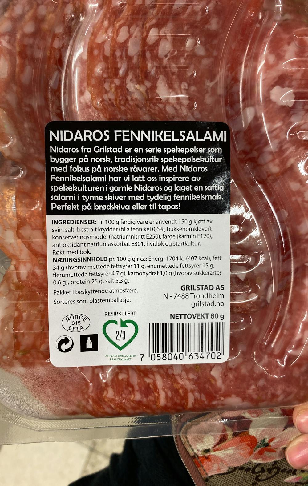Ingredienslisten til Nidaros fenikkel salami, Grilstad