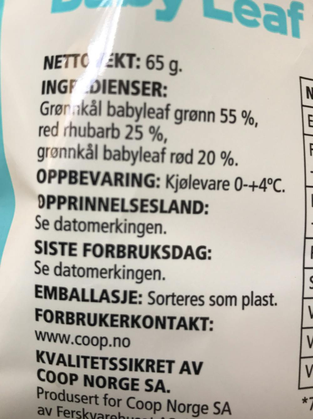 Ingredienslisten til Grønnkål baby leaf mix, Coop