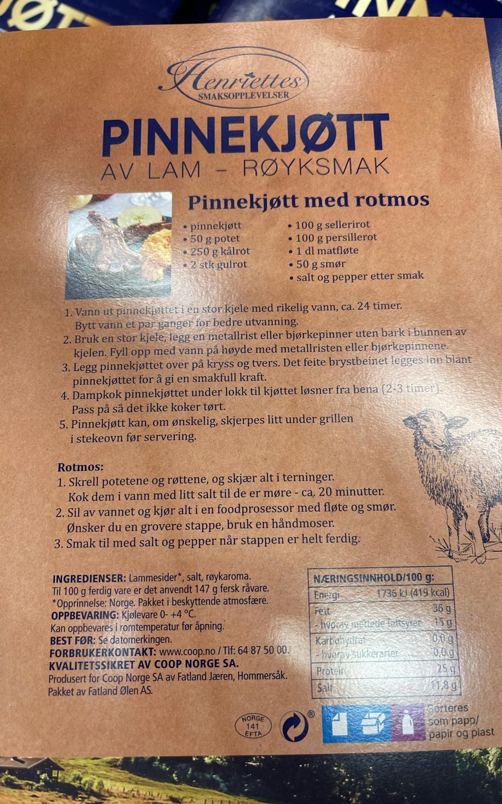 Ingredienslisten til Pinnekjøtt av lam, Henriettes smaksopplevelser