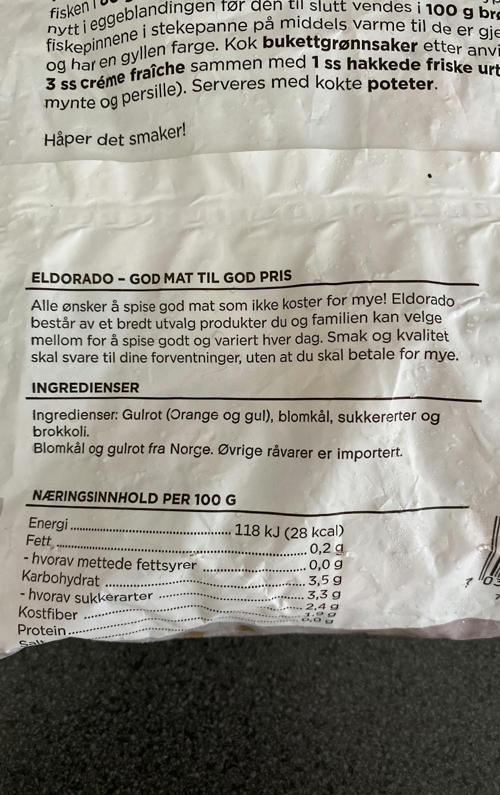Ingredienslisten til Eldorado Bukettgrønnsaker