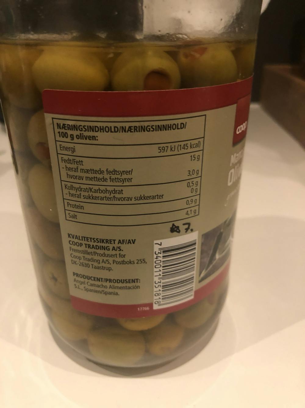Ingrediensliste - Oliven med pimento, Coop
