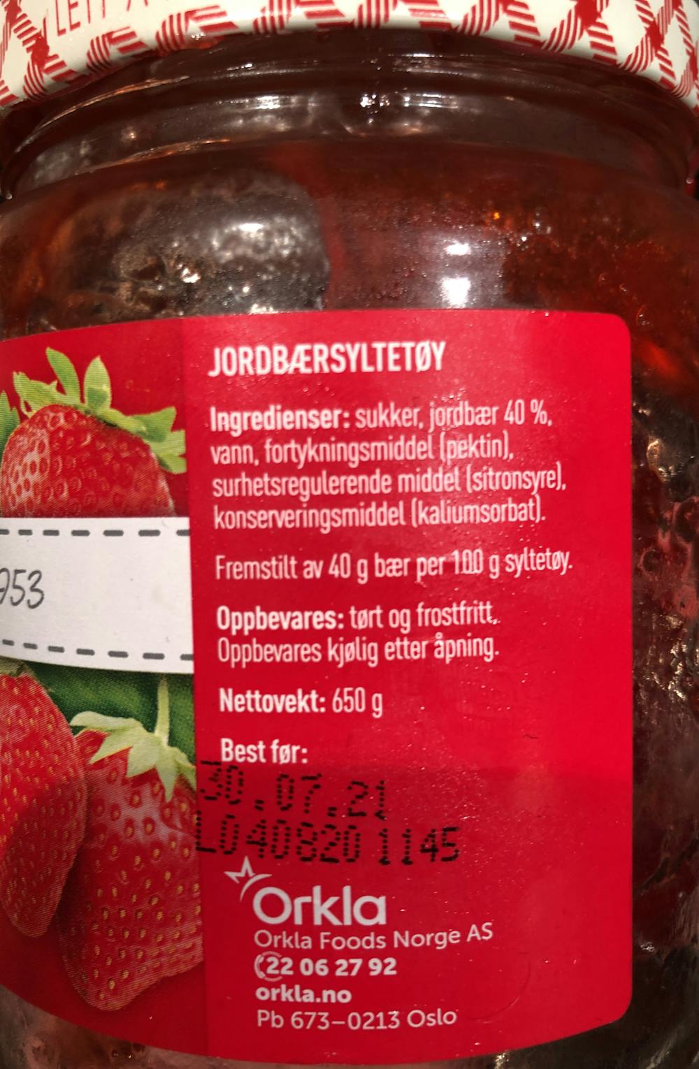 Ingredienslisten til Jordbær det originale syltetøyet , Nora