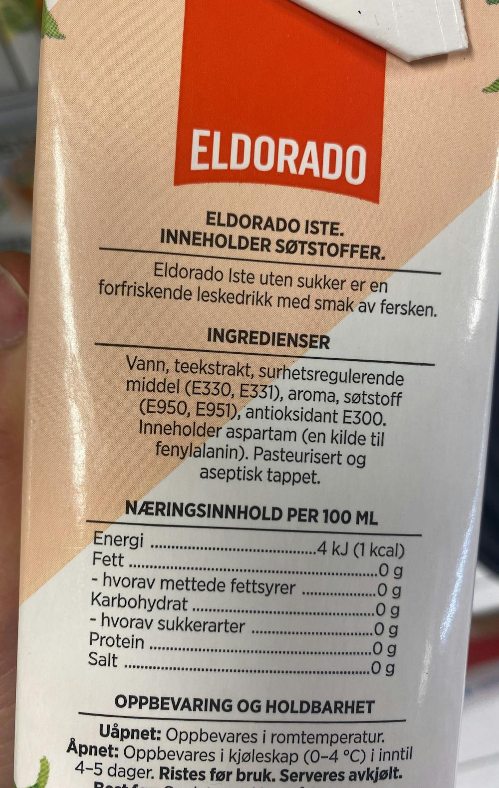 Ingredienslisten til Iste med smak av fersken u/sukker, Eldorado