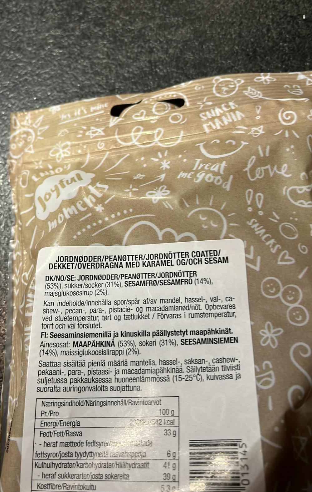 Ingrediensliste - Sesame peanuts coated with caramel , Earth control