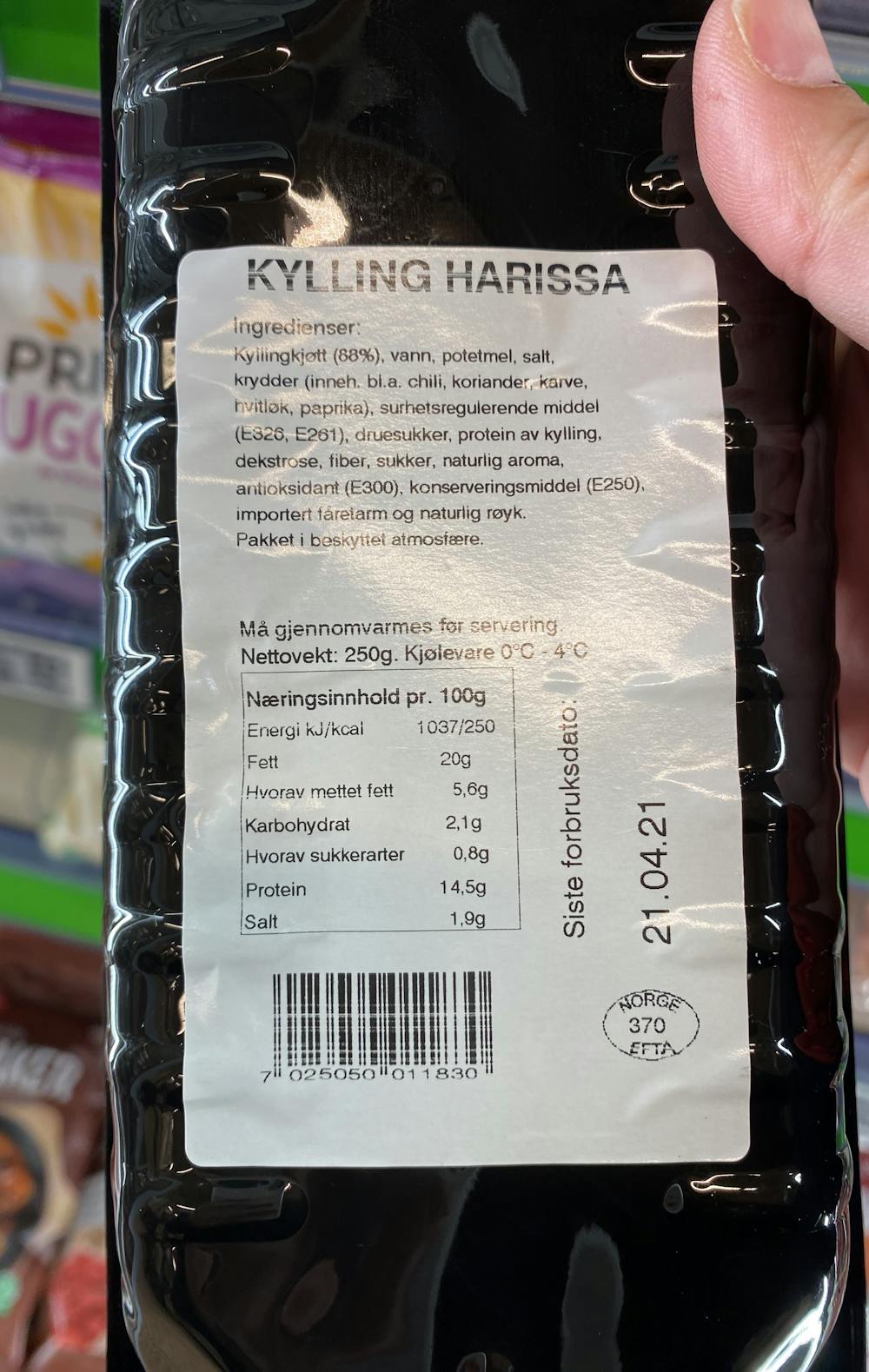 Ingredienslisten til Finsbråten Knäcker kylling harissa-chili