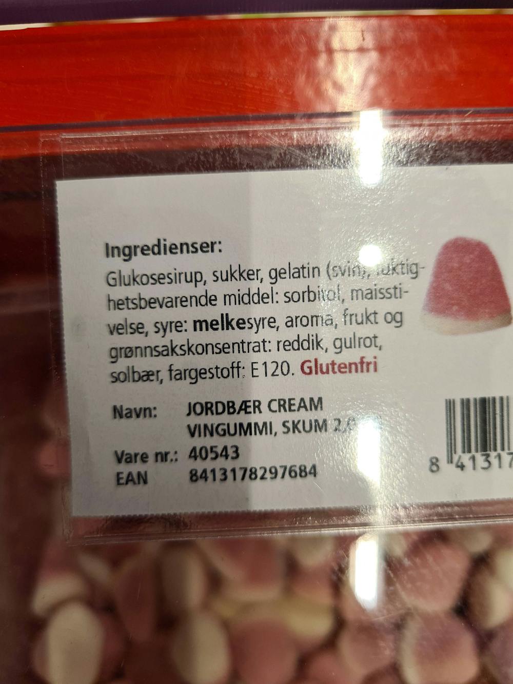 Ingredienslisten til Jordbær cream vingummi, skum