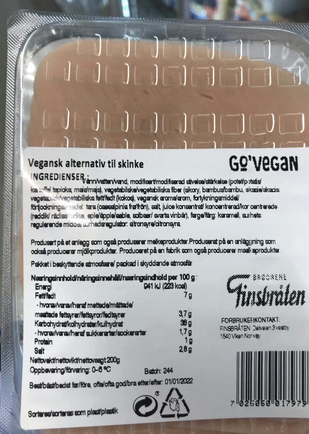 Ingredienslisten til Smak av skinke, Go' Vegan