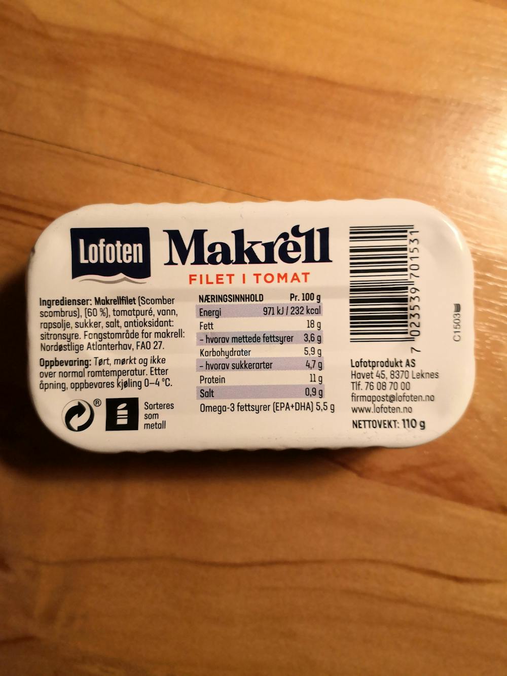 Ingredienslisten til Lofoten Makrell filet i tomat