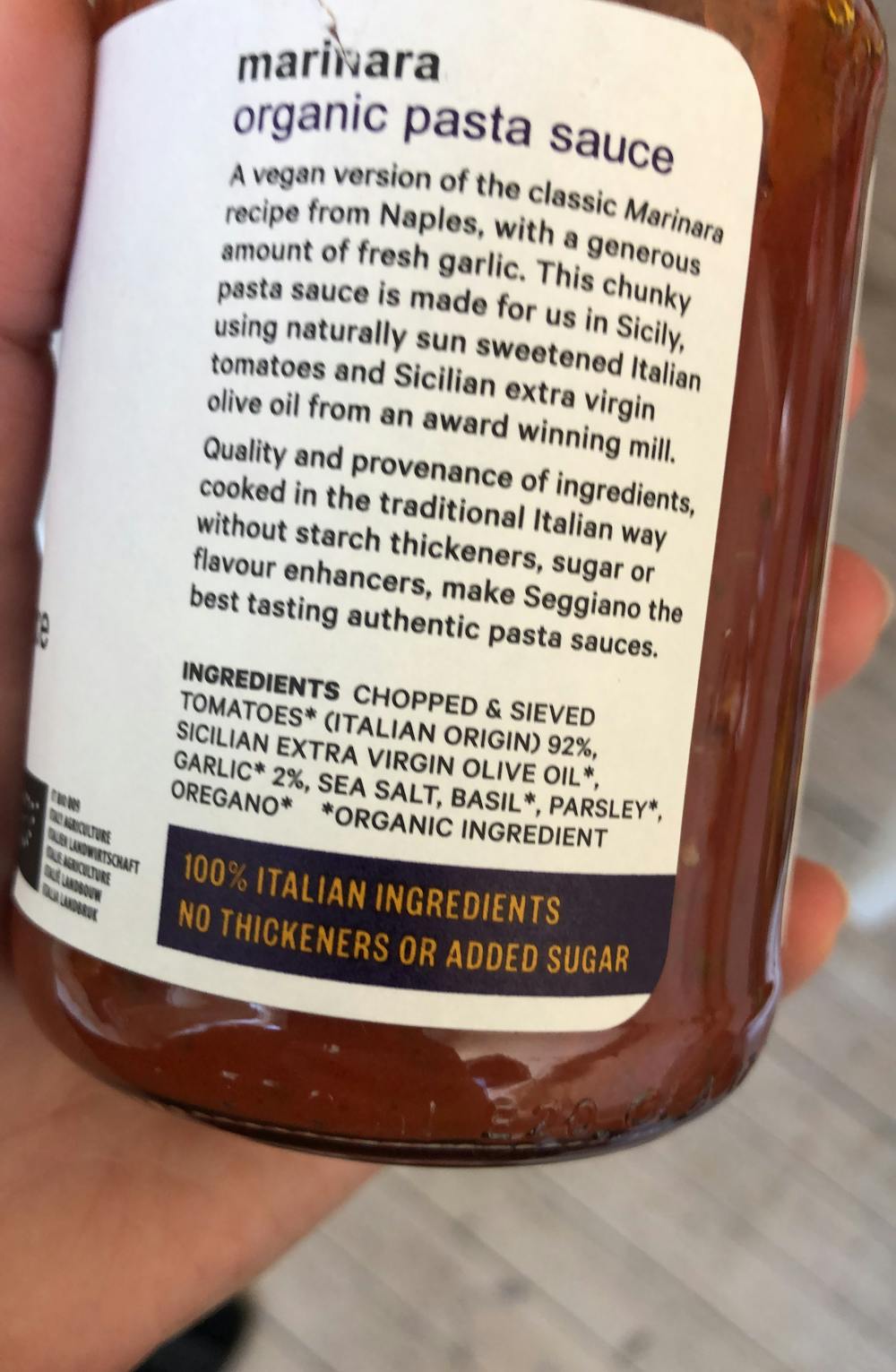 Ingredienslisten til Marinara garlic, organic pasta sauce, Seggiano