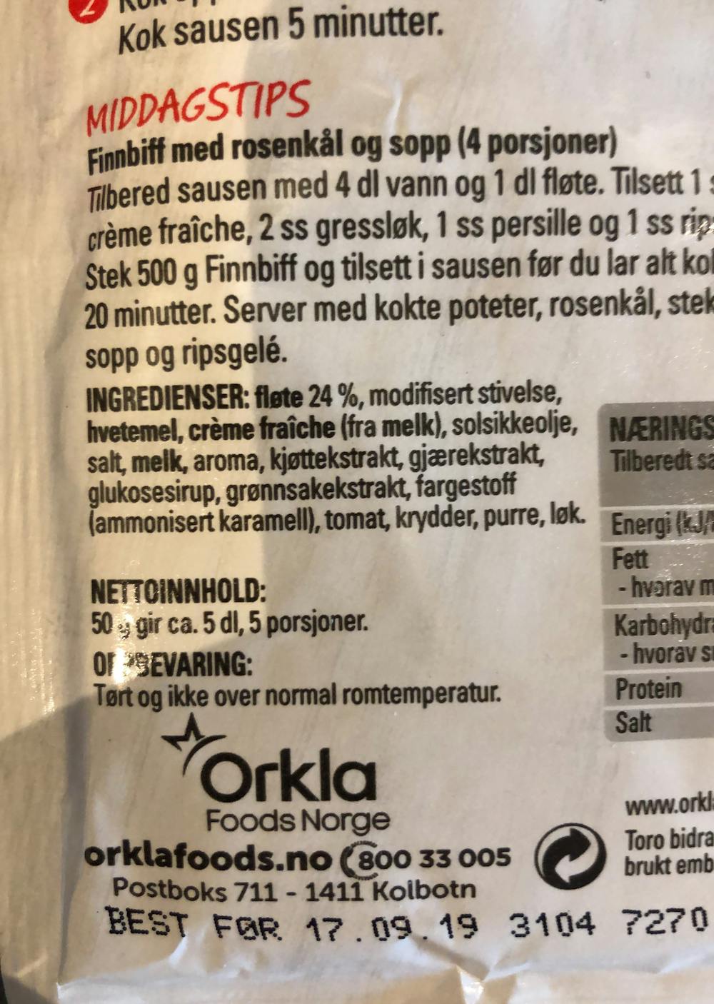 Ingrediensliste - Original fløtesaus, Toro
