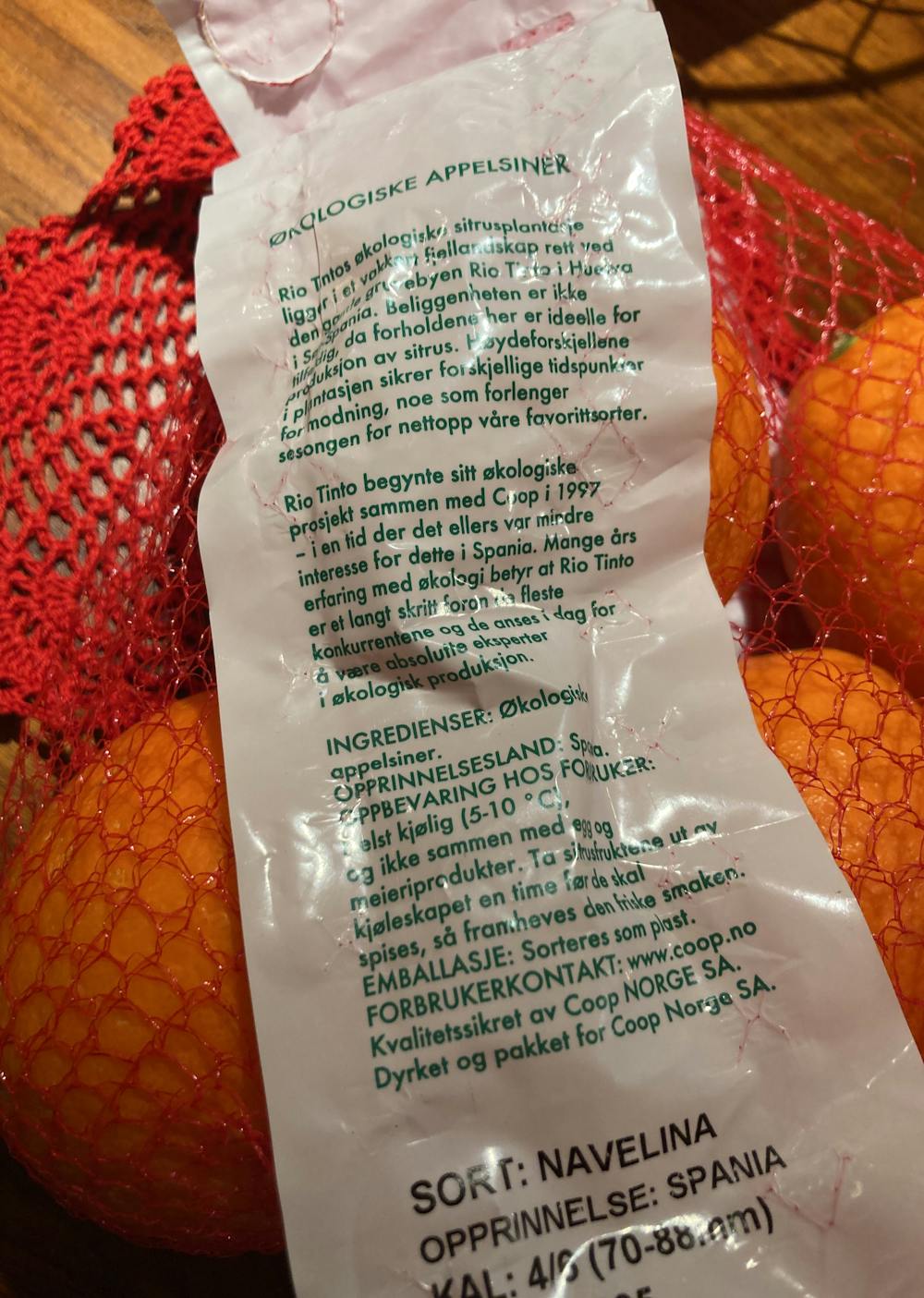 Ingredienslisten til Coop Økologiske appelsiner