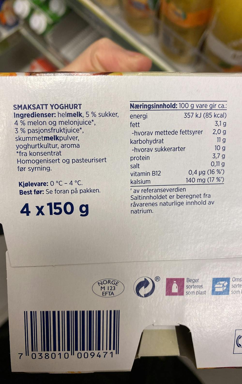 Ingredienslisten til Yoghurt melon & pasjonsfrukt 4x150g, Tine