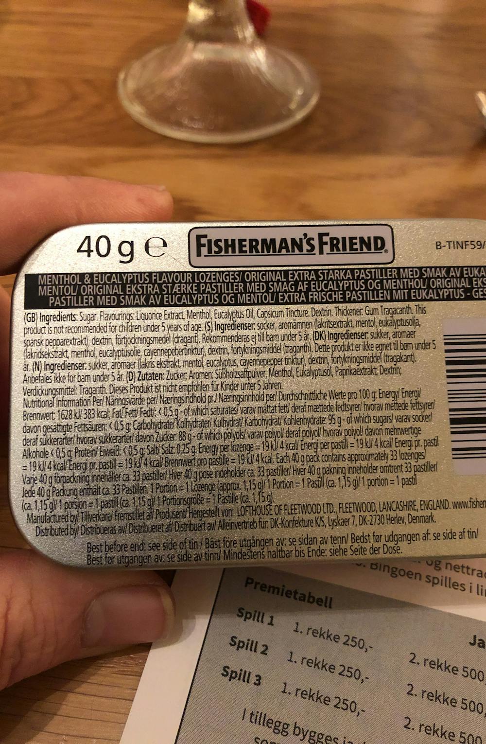 Ingredienslisten til Fisherman's friend Fisherman's friend original
