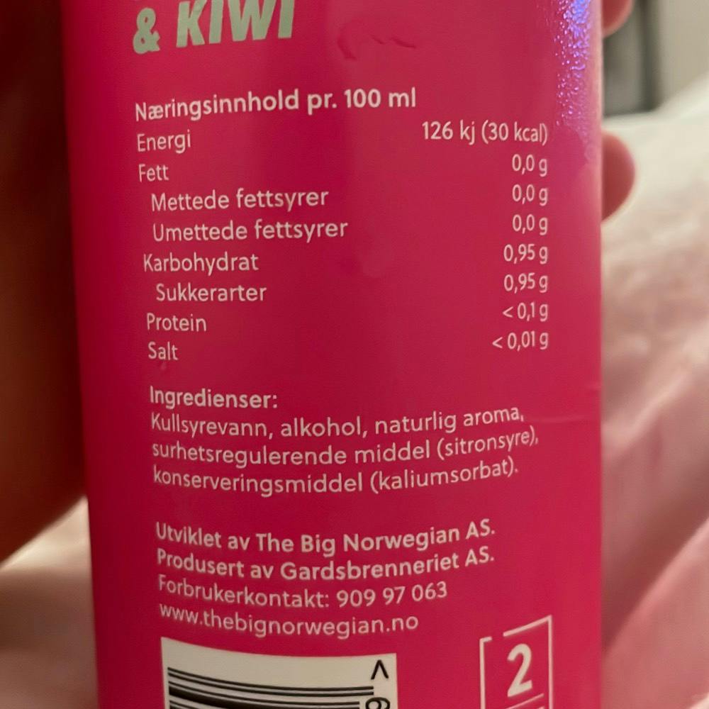 Ingrediensliste - Kald strawberry & kiwi, The Big Norwegian / Gardsbrenneriet