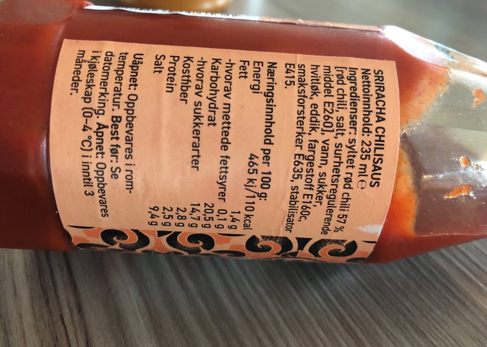 Ingrediensliste - Sriracha, Eldorado