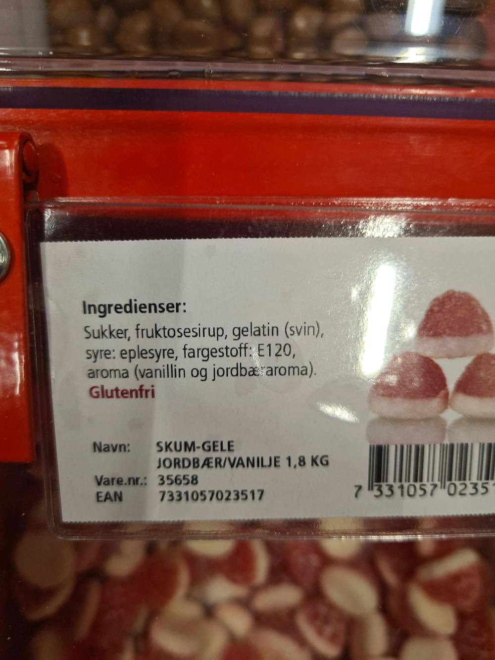 Ingredienslisten til Skum-gele, jordbær/vanilje