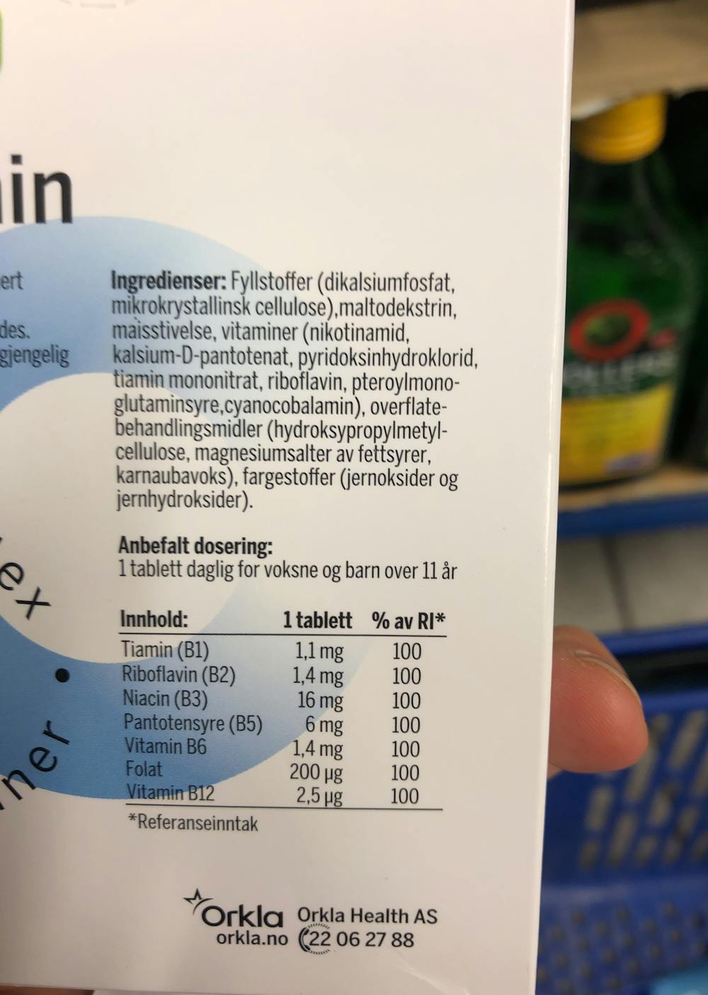 Ingredienslisten til Collett B-vitamin