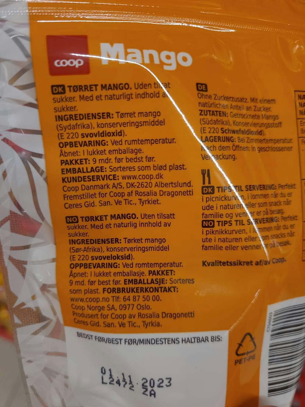Ingrediensliste - Mango tørket fruktsnacks, Coop