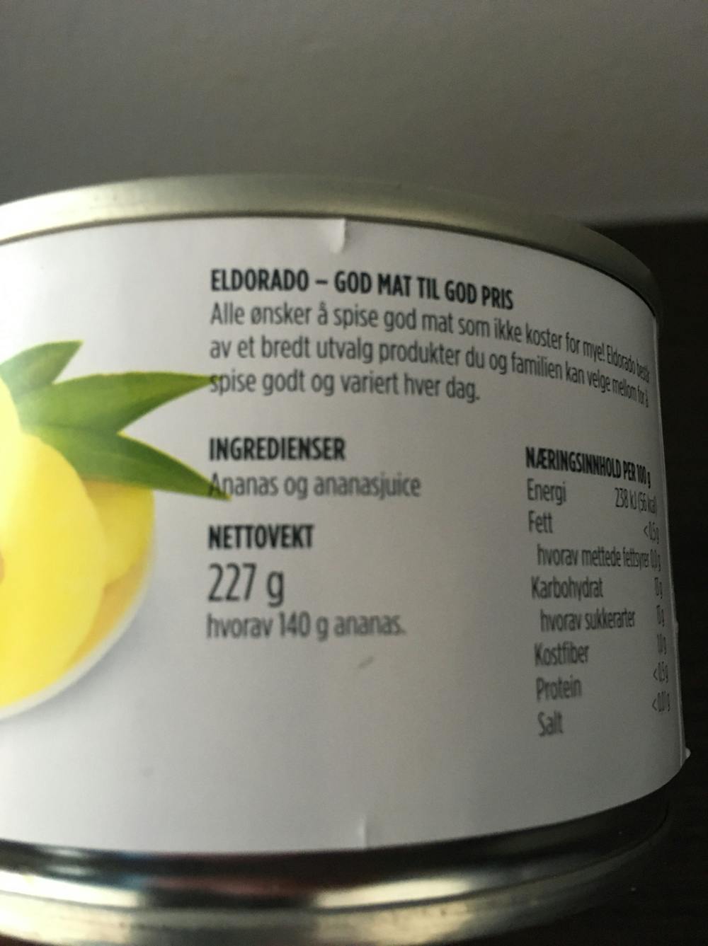 Ingredienslisten til Eldorado Ananas, ringer i juice