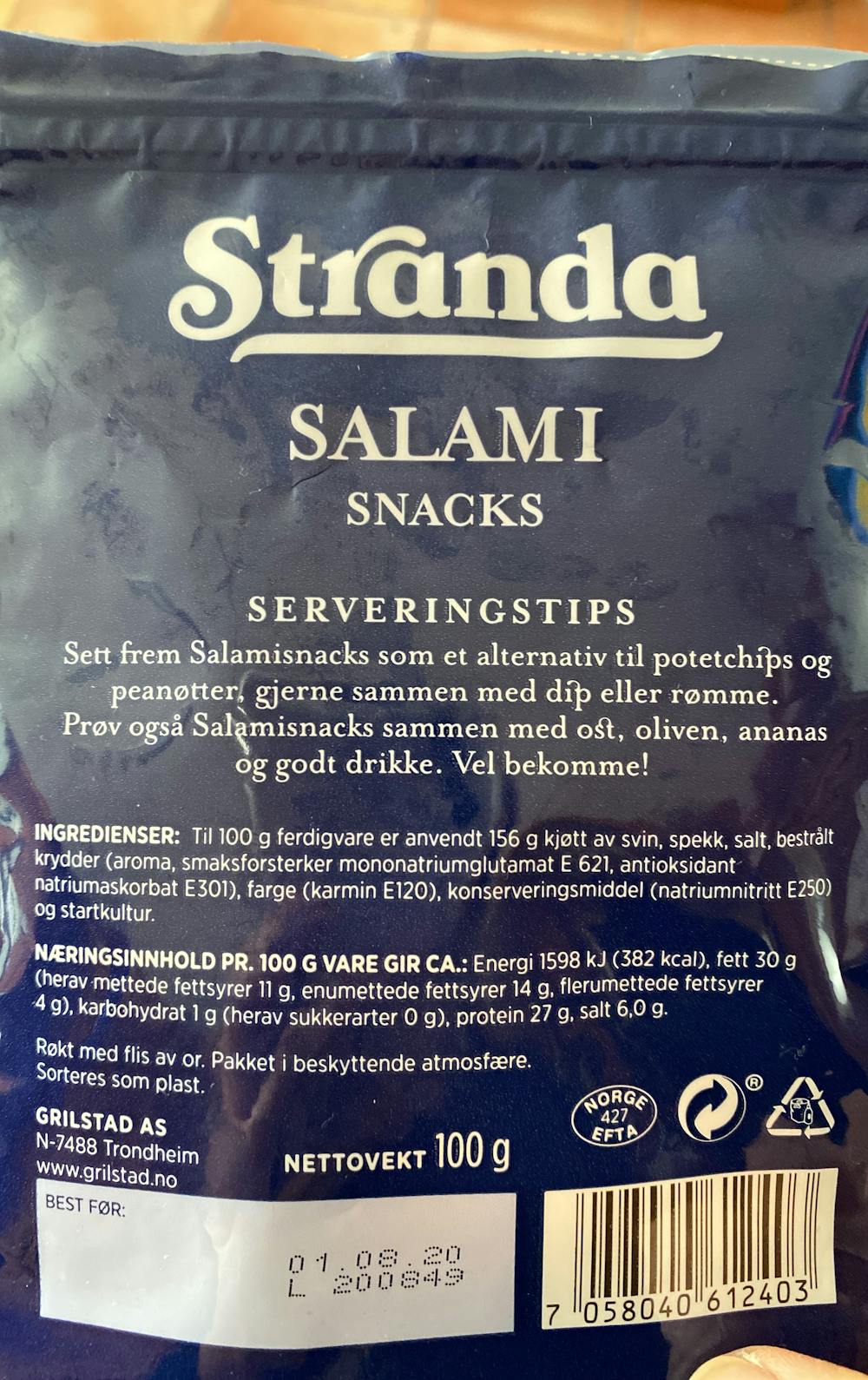 Ingredienslisten til Stranda Salami snacks