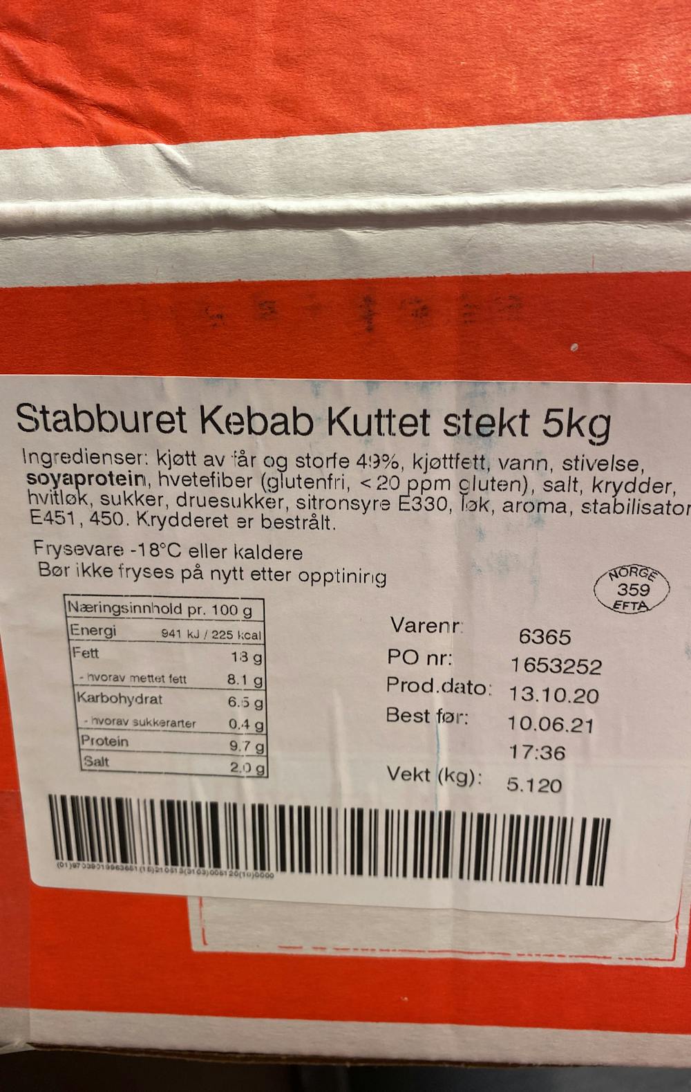 Ingredienslisten til Stabburet Kebab kuttet 