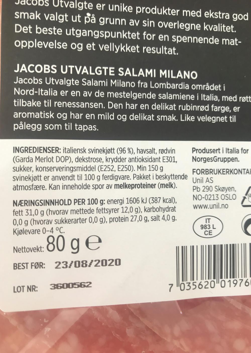 Ingredienslisten til Salami milano, Jacobs utvalgte