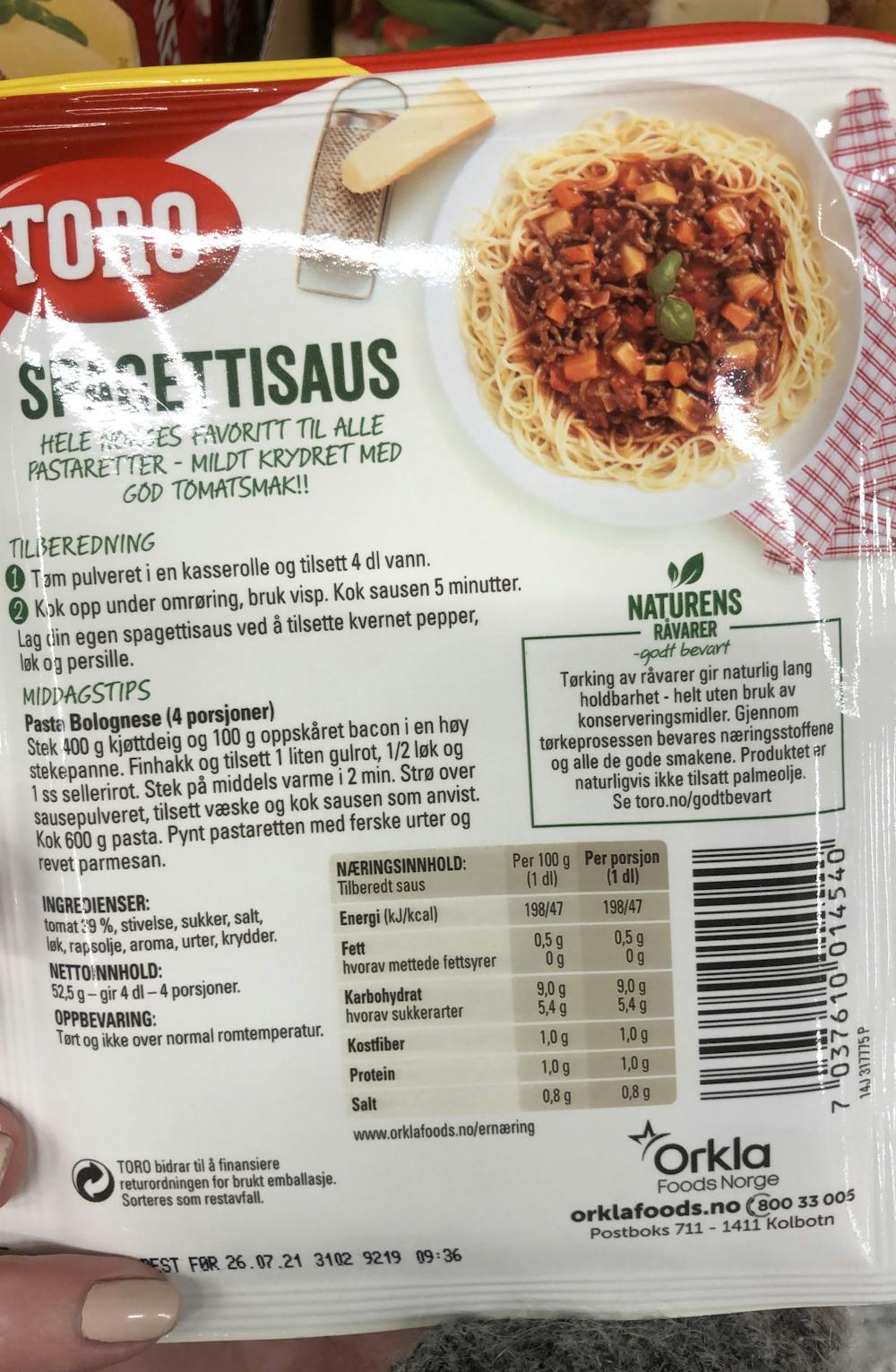 Ingredienslisten til Spaghettisaus tomat og urter, Toro