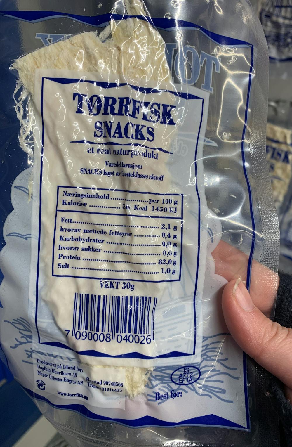 Ingredienslisten til  Tørrfisk snacks
