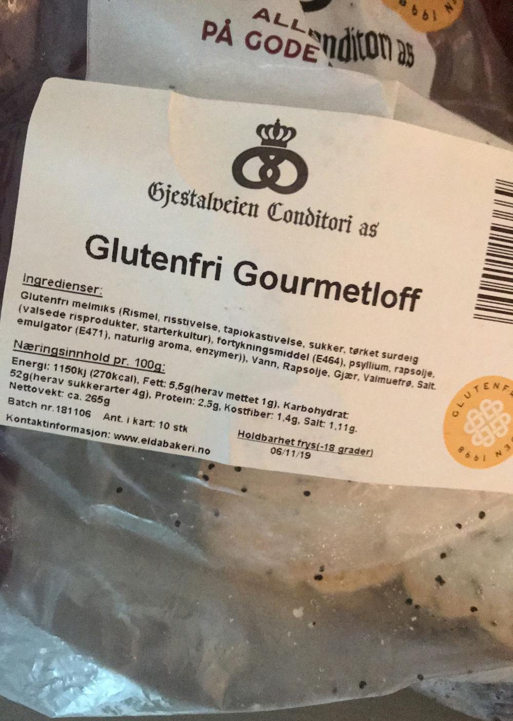 Ingredienslisten til Glutenfri gourmetloff, Gjestalveien conditori AS