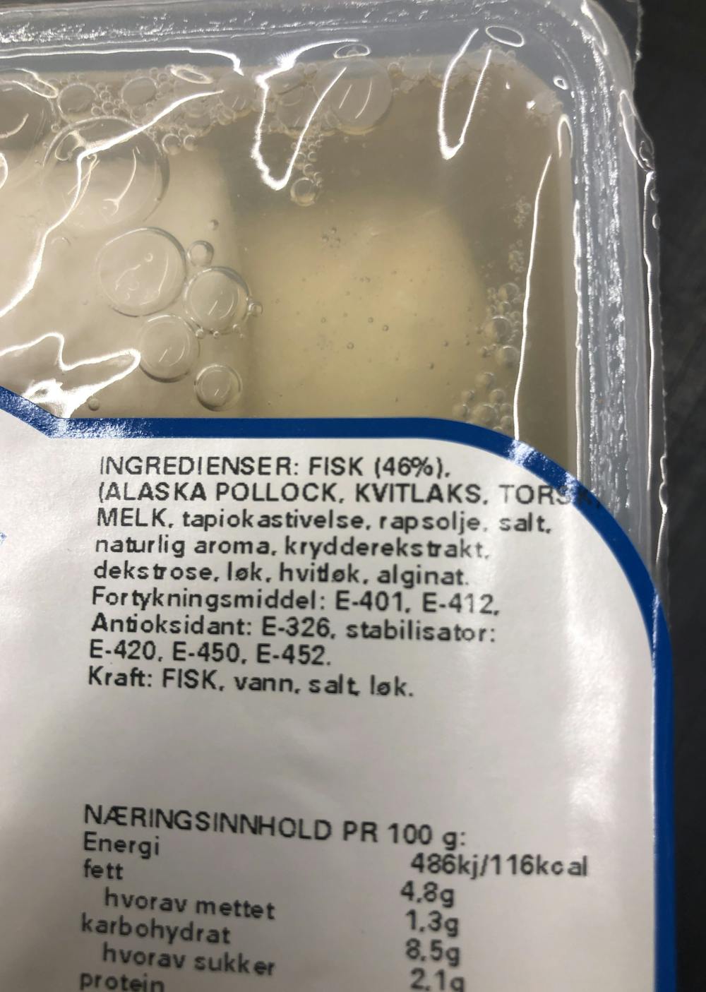 Ingredienslisten til Engerviks Fiskeboller i ekte fiskekraft